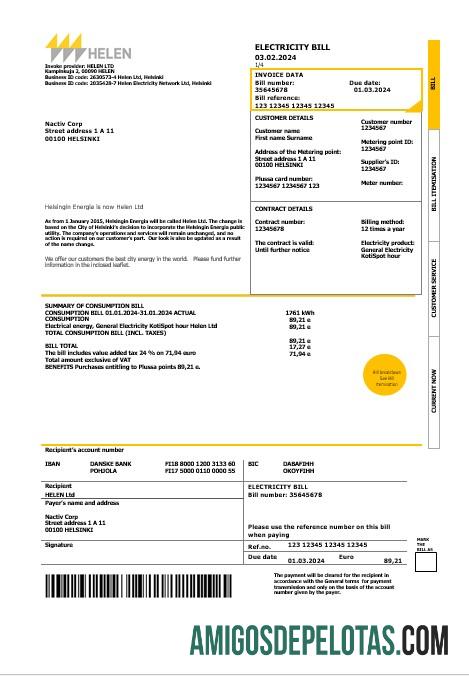 imprimível Modelo de fatura de serviços públicos HELEN da Finlândia em formatos Word e PDF